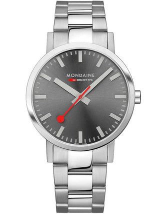Angle shot of Mondaine A660.30360.81SBJ Grey Dial Silver Stainless Steel Unisex Watch on white background