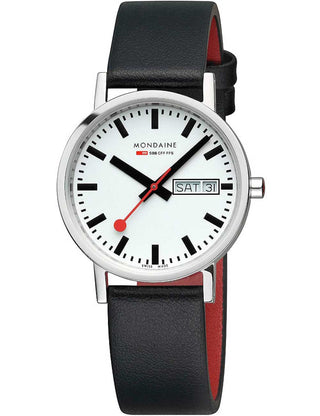 Front view of Mondaine A667.30314.11SBBV White Dial Black Leather Unisex Watch on white background