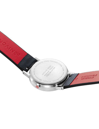 Angle shot of Mondaine A667.30314.11SBBV White Dial Black Leather Unisex Watch on white background