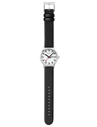 Angle shot of Mondaine A667.30314.11SBBV White Dial Black Leather Unisex Watch on white background