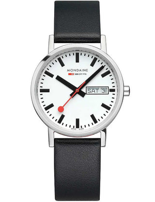 Angle shot of Mondaine A667.30314.11SBBV White Dial Black Leather Unisex Watch on white background