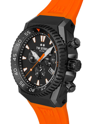 Angle shot of TW Steel Chronograph ACE404 Black Dial Unisex Watch on white background