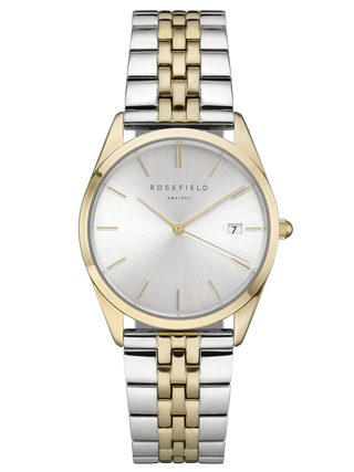 Front view of Rosefield ACSGD-A01 Silver Dial Gold Stainless Steel Womens Watch on white background