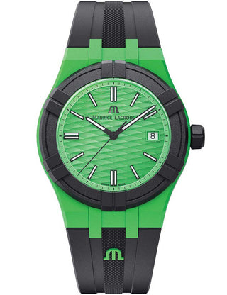 Front view of Maurice Lacroix Aikon #Tide AI2008-70070-300-0 Green Dial Black Silicone Unisex Watch on white background