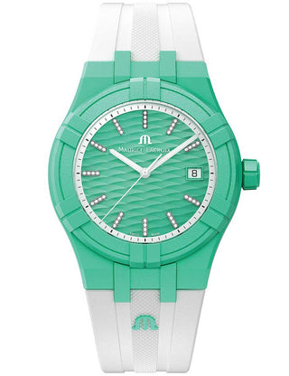 Front view of Maurice Lacroix AI2008-CCCC1-3A0-0 Green Dial White Silicone Unisex Watch on white background