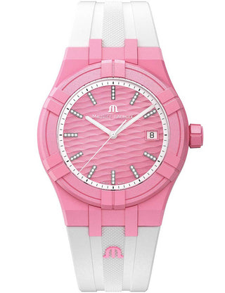 Front view of Maurice Lacroix AI2008-EEEE1-3A0-0 Pink Dial White Silicone Unisex Watch on white background