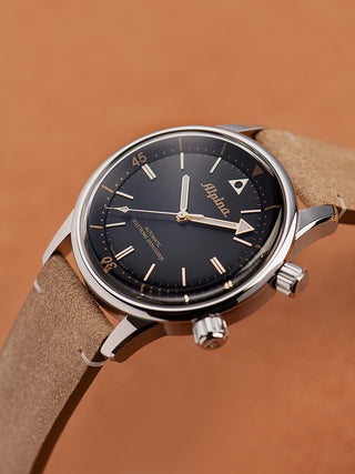 Angle shot of Alpina AL-520BY4H6 Black Dial Brown Leather Unisex Watch on white background