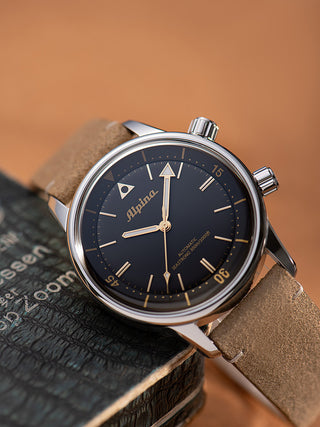 Angle shot of Alpina AL-520BY4H6 Black Dial Brown Leather Unisex Watch on white background