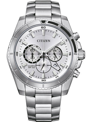 Front view of Citizen Chronograph AN8200-50A Silver Stainless Steel Unisex Watch on white background