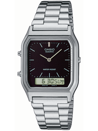 Front view of Casio Edgy Collection Black Chronograph AQ-230A-1DMQYES Black Dial Silver Stainless Steel Unisex Watch on white background