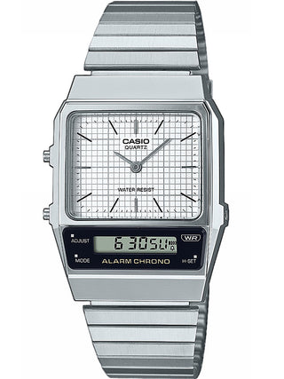 Front view of Casio Retro Vintage AQ-800E-7AEF White Dial Grey Stainless Steel Unisex Watch on white background