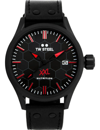 Angle shot of TW Steel VS106 Black Leather Unisex Watch on white background