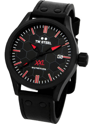 Front view of TW Steel VS106 Black Leather Unisex Watch on white background
