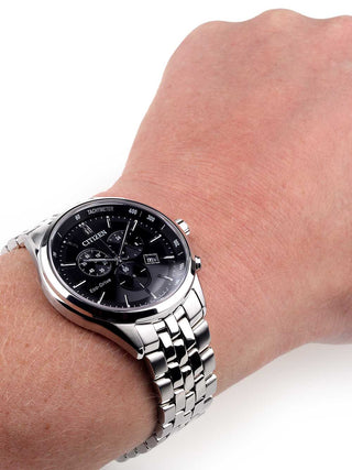 Angle shot of Citizen Chronograph AT2141-87E Black Dial Silver Stainless Steel Unisex Watch on white background