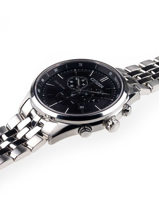 Angle shot of Citizen Chronograph AT2141-87E Black Dial Silver Stainless Steel Unisex Watch on white background