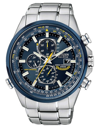 Front view of Citizen Chronograph AT8020-54L Blue Dial Silver Stainless Steel Unisex Watch on white background
