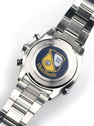 Angle shot of Citizen Chronograph AT8020-54L Blue Dial Silver Stainless Steel Unisex Watch on white background