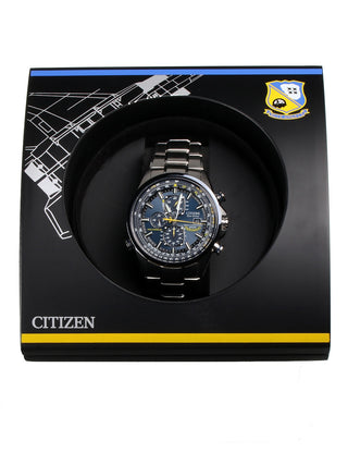 Angle shot of Citizen Chronograph AT8020-54L Blue Dial Silver Stainless Steel Unisex Watch on white background