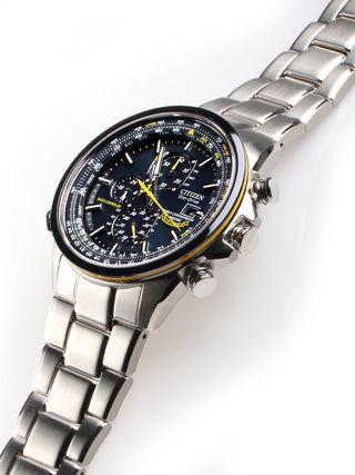Angle shot of Citizen Chronograph AT8020-54L Blue Dial Silver Stainless Steel Unisex Watch on white background