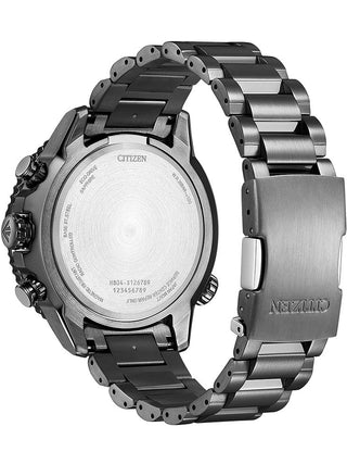 Angle shot of Citizen Chronograph AT8227-56X Green Dial Grey Stainless Steel Unisex Watch on white background