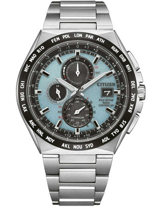 Front view of Citizen Chronograph AT8238-84M Silver Titanium Unisex Watch on white background