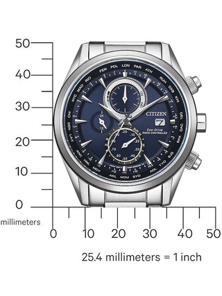 Angle shot of Citizen Chronograph AT8260-85L Blue Dial Silver Stainless Steel Unisex Watch on white background