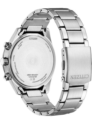 Angle shot of Citizen Chronograph AT8260-85L Blue Dial Silver Stainless Steel Unisex Watch on white background