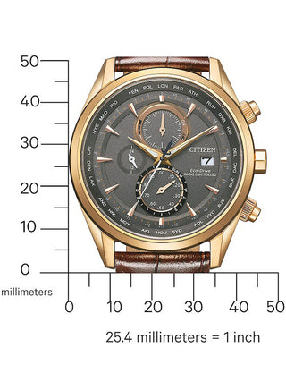 Angle shot of Citizen Chronograph AT8263-10H Grey Dial Brown Leather Unisex Watch on white background
