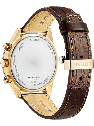 Angle shot of Citizen Chronograph AT8263-10H Grey Dial Brown Leather Unisex Watch on white background
