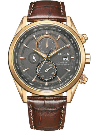 Front view of Citizen Chronograph AT8263-10H Grey Dial Brown Leather Unisex Watch on white background