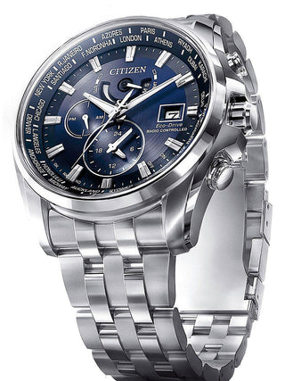Angle shot of Citizen Eco-Drive Chronograph AT9030-55L Blue Dial Grey Stainless Steel Mens Watch on white background