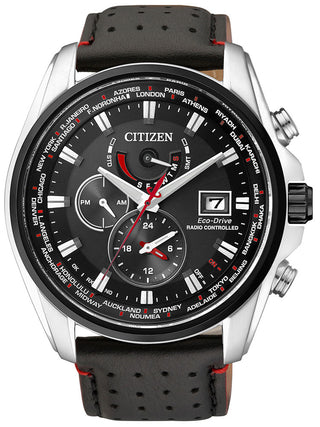Front view of Citizen AT9036-08E Black Leather Unisex Watch on white background