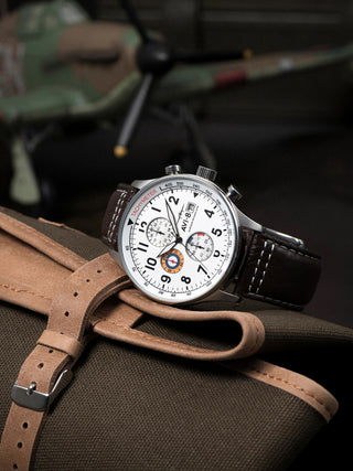 Angle shot of Avi-8 Chronograph AV-4011-01 White Dial Brown Leather Unisex Watch on white background