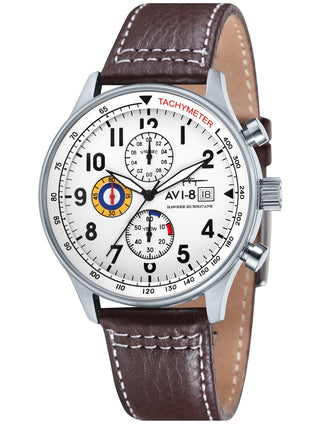 Front view of Avi-8 Chronograph AV-4011-01 White Dial Brown Leather Unisex Watch on white background