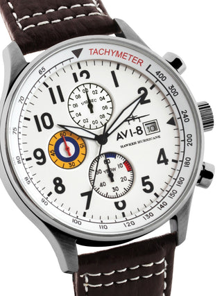 Angle shot of Avi-8 Chronograph AV-4011-01 White Dial Brown Leather Unisex Watch on white background