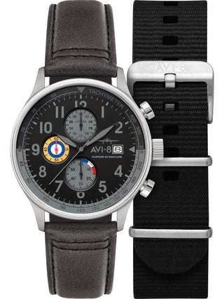 Front view of Avi-8 Chronograph AV-4011-0U Black Leather Unisex Watch on white background