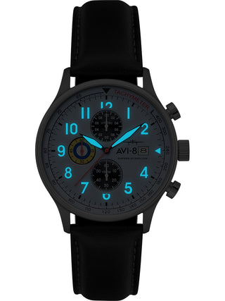 Angle shot of Avi-8 Chronograph AV-4011-0V Blue Dial Black Leather Unisex Watch on white background