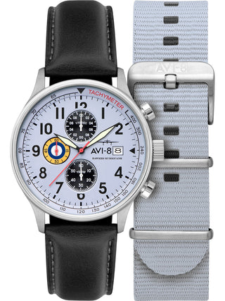 Front view of Avi-8 Chronograph AV-4011-0V Blue Dial Black Leather Unisex Watch on white background