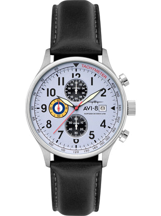 Angle shot of Avi-8 Chronograph AV-4011-0V Blue Dial Black Leather Unisex Watch on white background