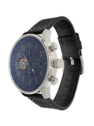 Angle shot of Avi-8 Chronograph AV-4011-0W Black Leather Unisex Watch on white background