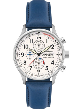 Angle shot of Avi-8 Chronograph AV-4011-0X White Dial Blue Leather Unisex Watch on white background