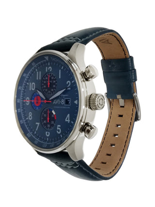 Angle shot of Avi-8 Chronograph AV-4011-1A Blue Leather Unisex Watch on white background