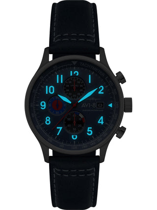 Angle shot of Avi-8 Chronograph AV-4011-1A Blue Leather Unisex Watch on white background