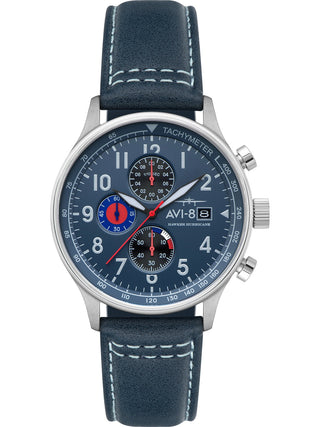 Angle shot of Avi-8 Chronograph AV-4011-1A Blue Leather Unisex Watch on white background