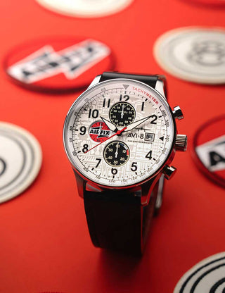 Angle shot of Avi-8 Chronograph AV-4011-1C White Dial Black Leather Unisex Watch on white background