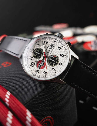 Angle shot of Avi-8 Chronograph AV-4011-1C White Dial Black Leather Unisex Watch on white background