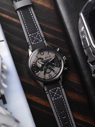 Angle shot of Avi-8 Chronograph AV-4056-08 Grey Dial Black Leather Unisex Watch on white background