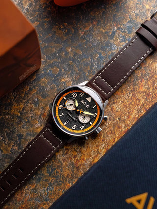 Angle shot of Avi-8 AV-4088-07 Black Dial Brown Leather Unisex Watch on white background