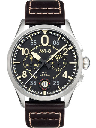 Front view of Avi-8 Chronograph AV-4089-01 Black Dial Brown Leather Unisex Watch on white background