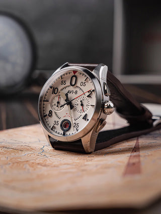 Angle shot of Avi-8 Chronograph AV-4089-05 White Dial Brown Leather Unisex Watch on white background